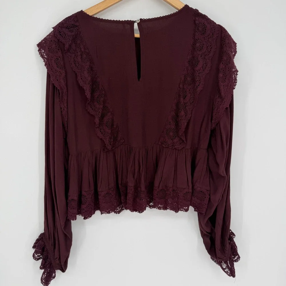 Free People Top Lace Whimsigoth Ruffle Peplum Wine Romantic Oversized Feminine